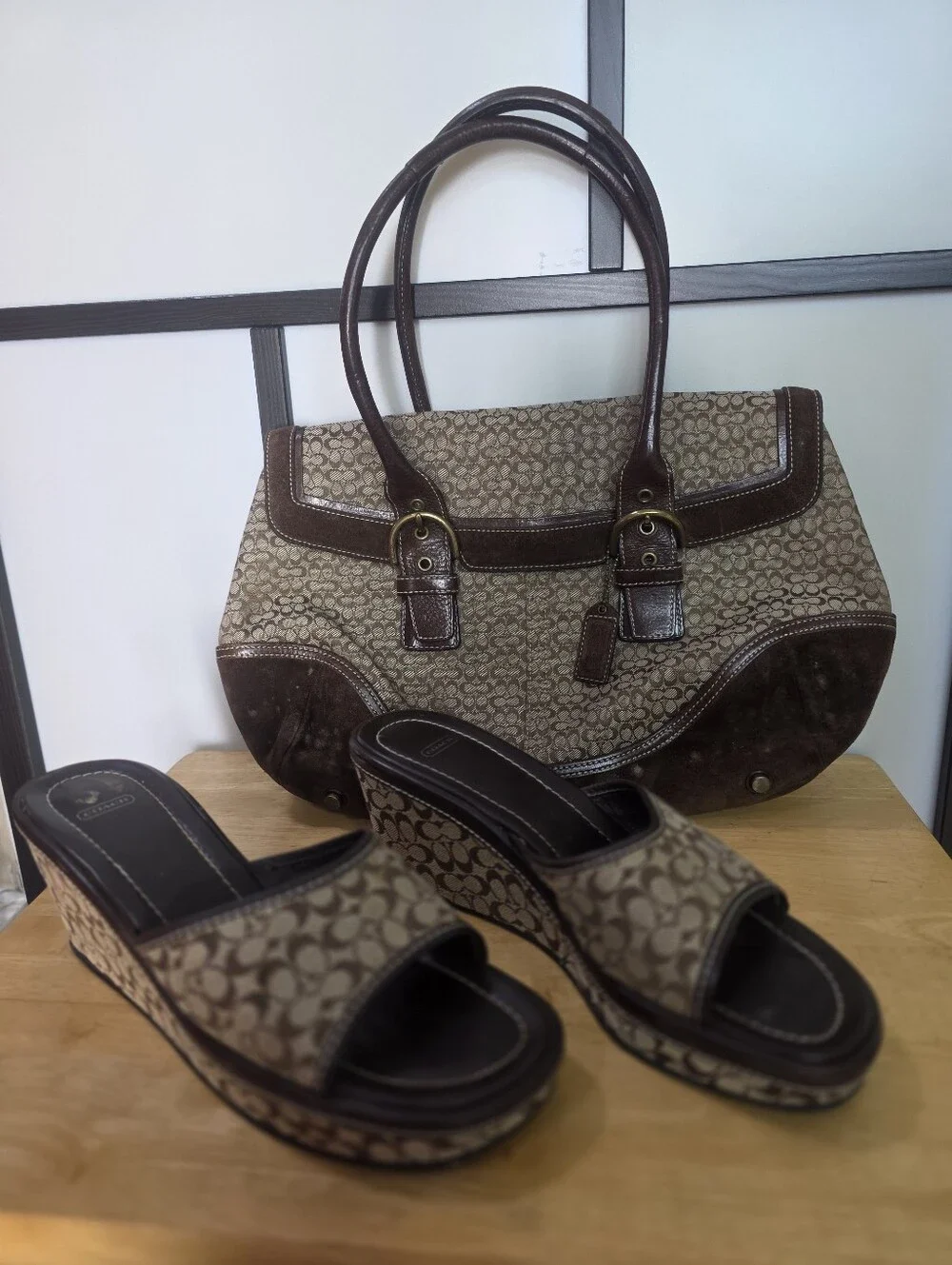 Coach Tote Bag & Matching Wedge Sandals Slides Shoes Brown Signature C Size 11